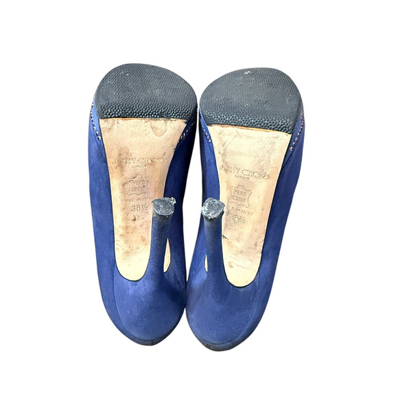 Jimmy Choo 8.5 Blue Suede Glint PeepToe Booties $995 Studded Heels Sapphire BOX - Picture 8 of 9